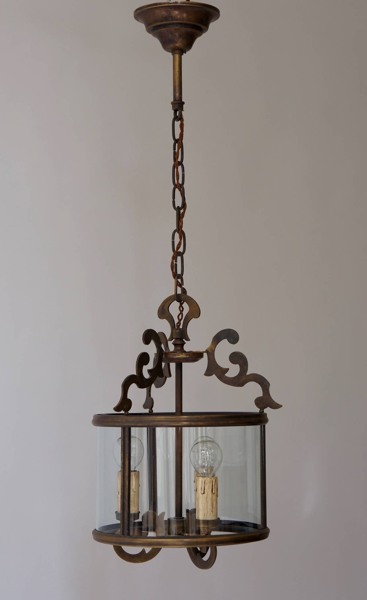 Mid-Century Modern Three Italian Brass Hall Lantern Pendant Lights by Sciolari