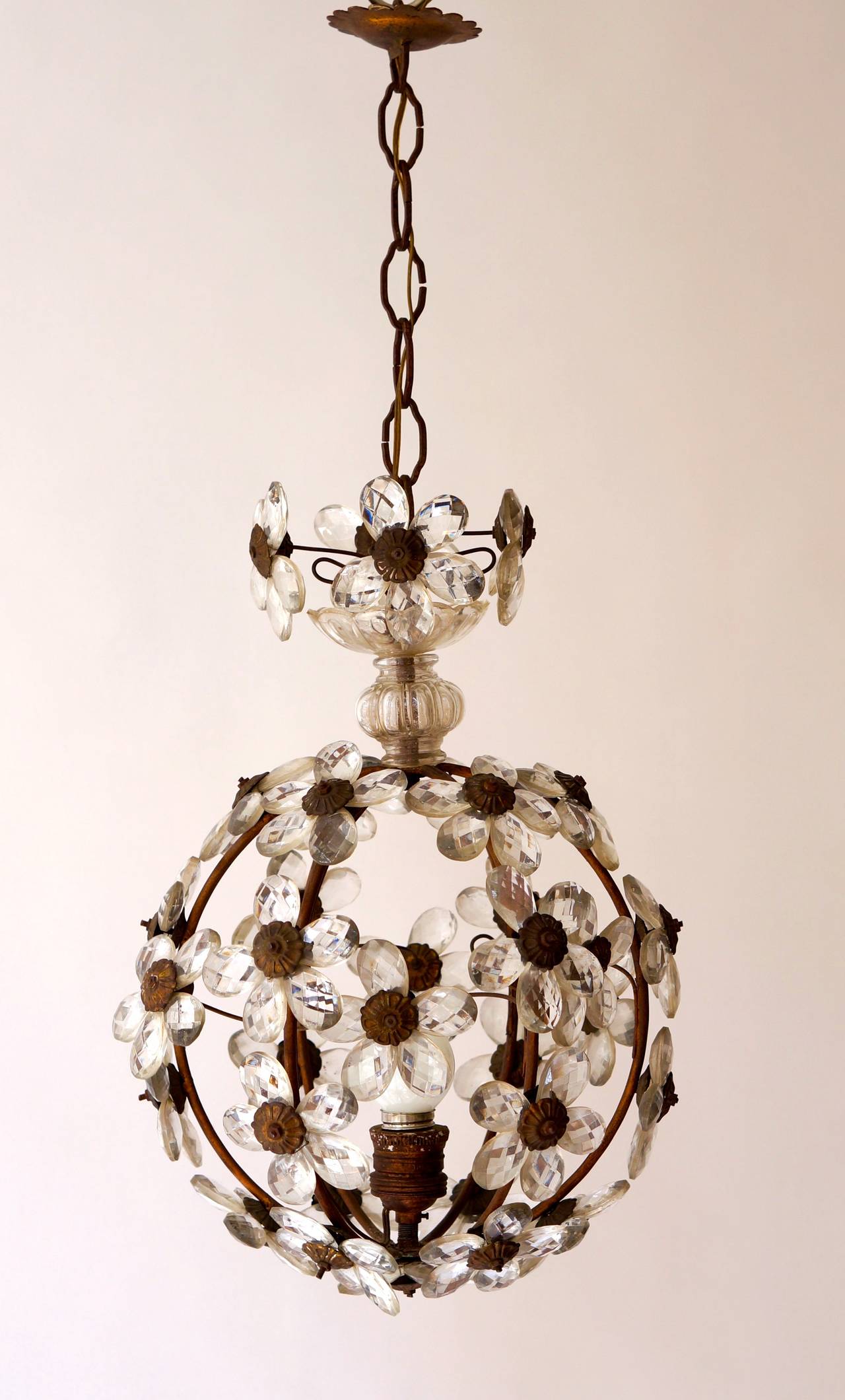 Italian Murano Brass and Glass Flower Ball Chandelier