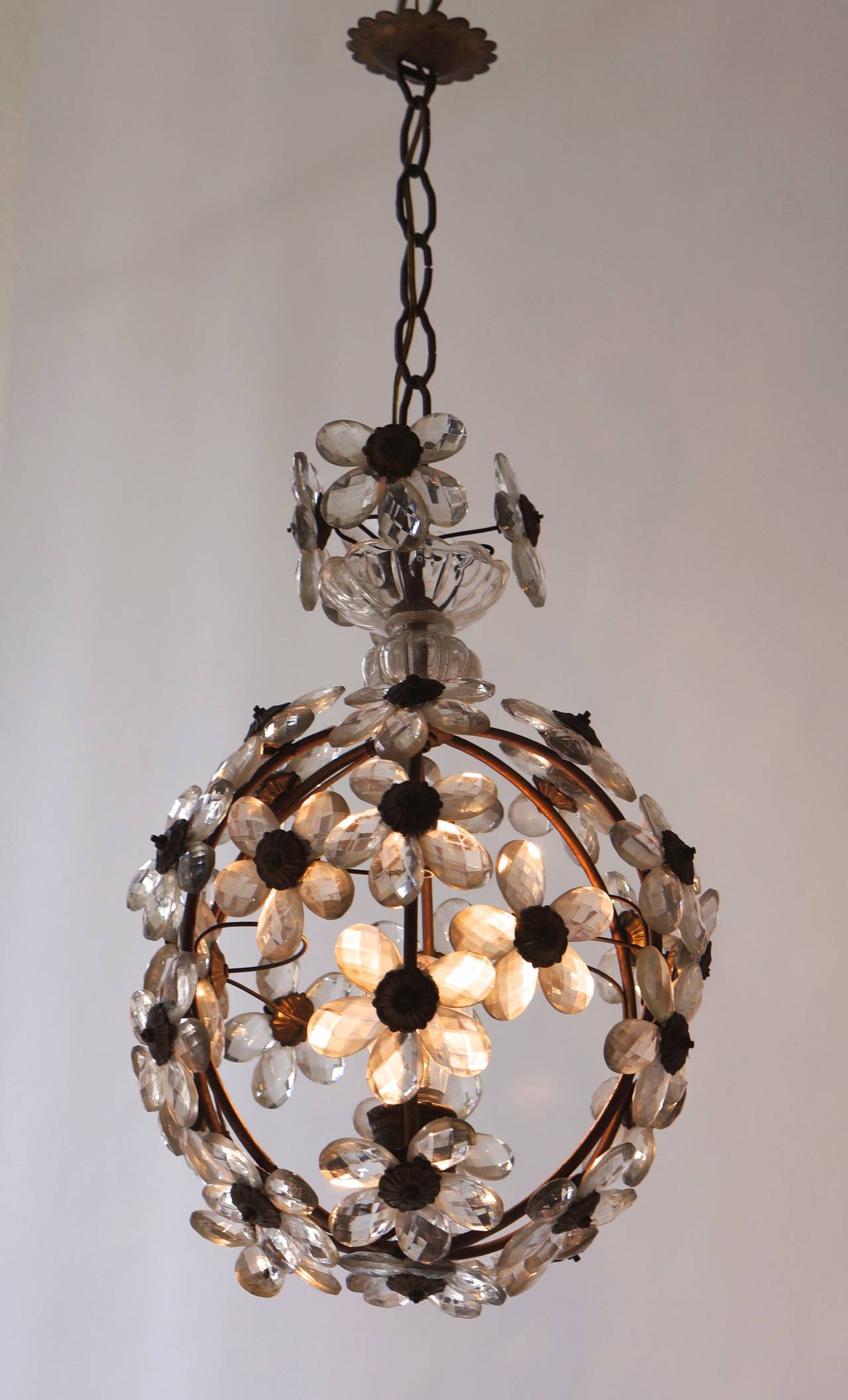 Mid-Century Modern Murano Brass and Glass Flower Ball Chandelier