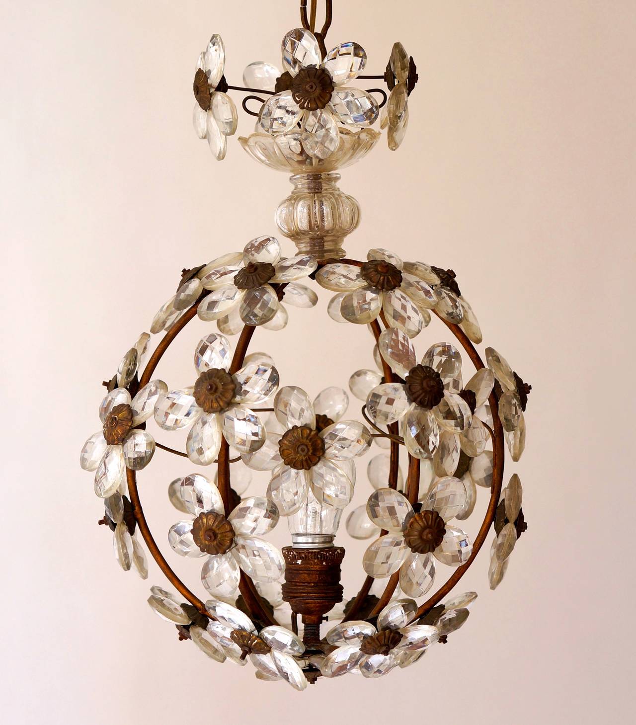 Murano Brass and Glass Flower Ball Chandelier In Good Condition In Antwerp, BE