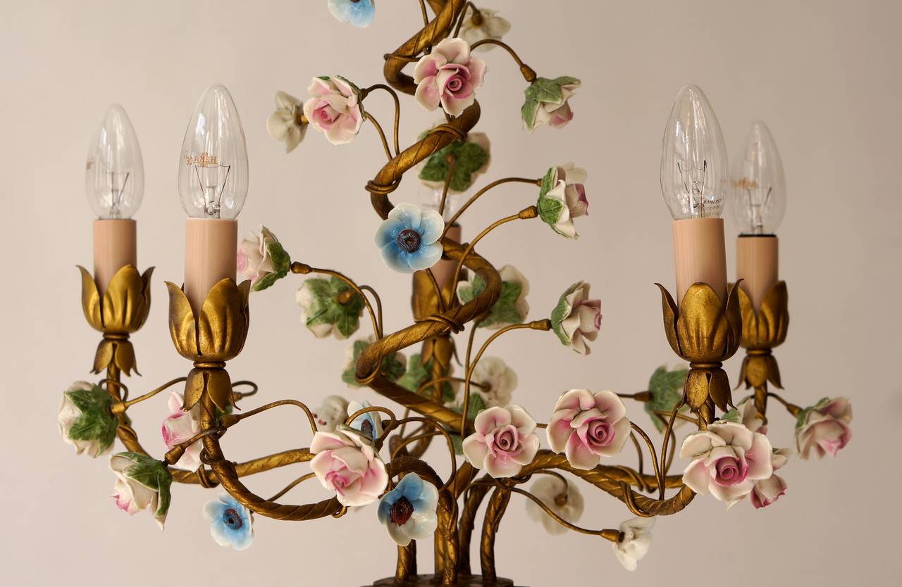 Italian Tole Chandelier with Porcelain Flowers 1