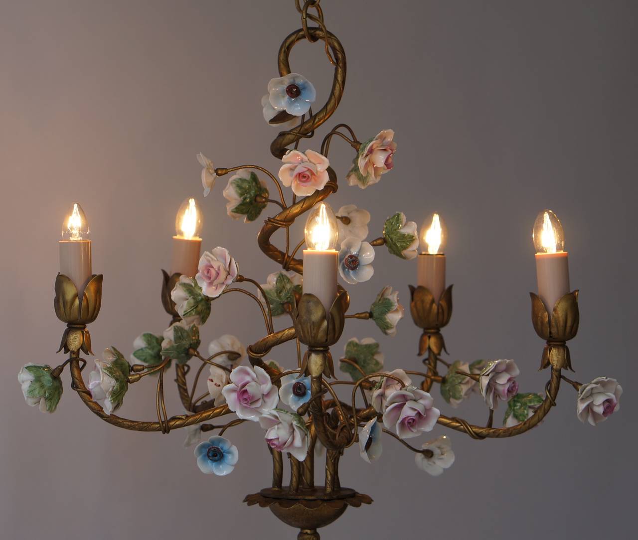 Brass Italian Tole Chandelier with Porcelain Flowers