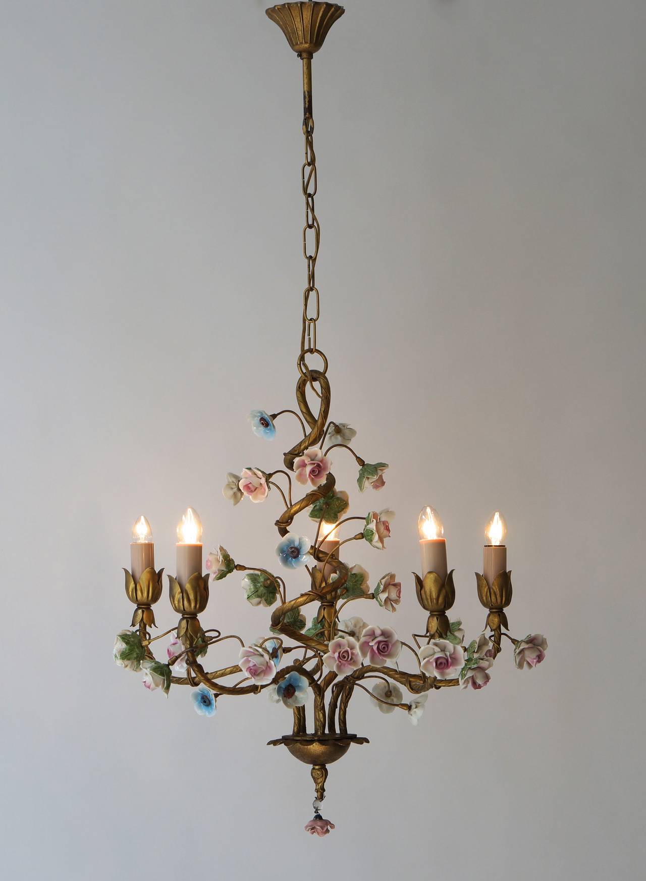 20th Century Italian Tole Chandelier with Porcelain Flowers