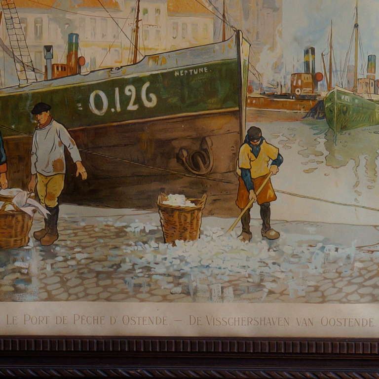 Chromolitho of the harbor in Ostend by Henri Cassiers (1858-1944), 
circa 1920, Belgium.

Biography: 
Cassiers Henry (Henri) was born in Antwerp, Belgium on 11 August 1858. He was a Belgian painter of landscapes, picturesque urban sites, and