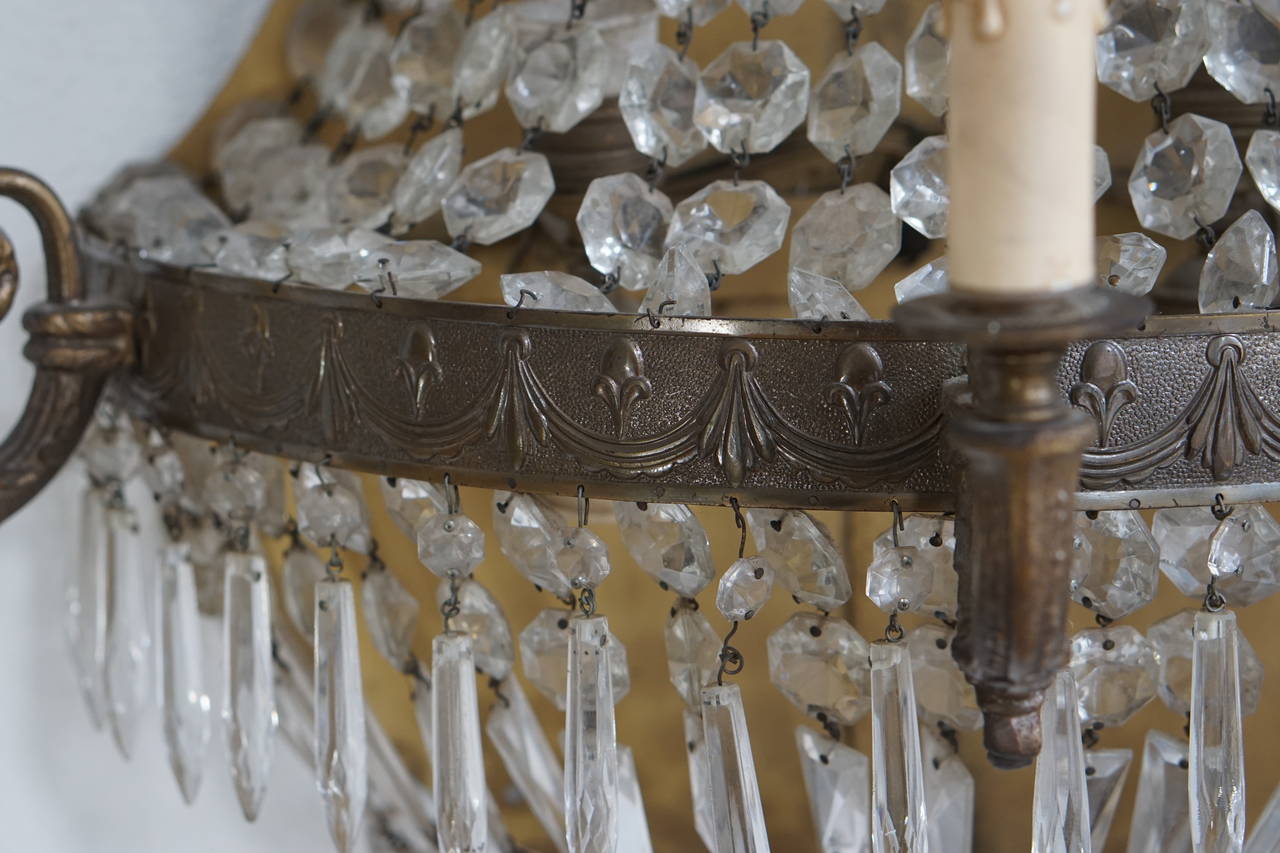 Set of Four Huge French Bronze and Crystal Wall Sconces, circa 1960 For Sale 1