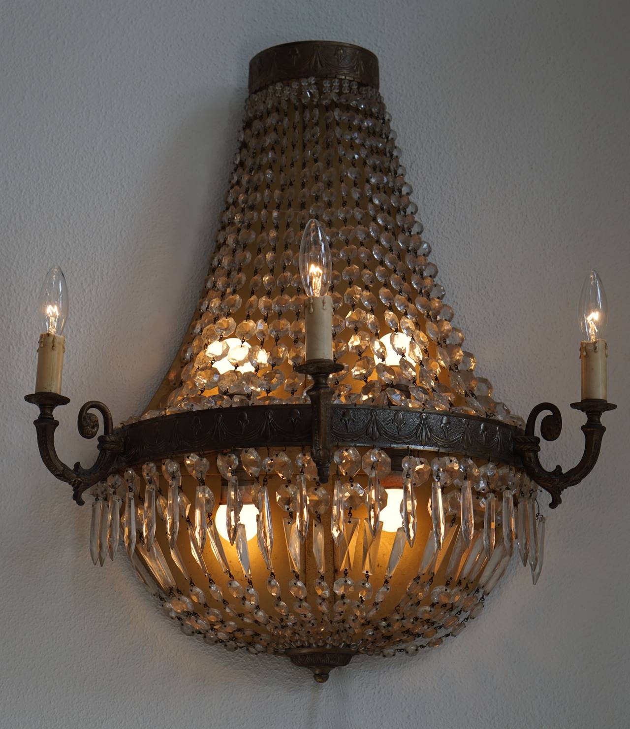 20th Century Set of Four Huge French Bronze and Crystal Wall Sconces, circa 1960 For Sale