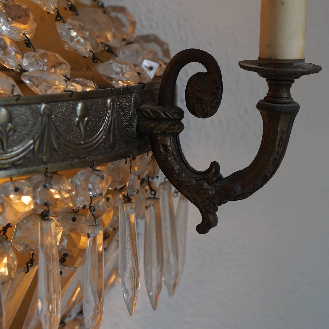 Set of Four Huge French Bronze and Crystal Wall Sconces, circa 1960 For Sale 2