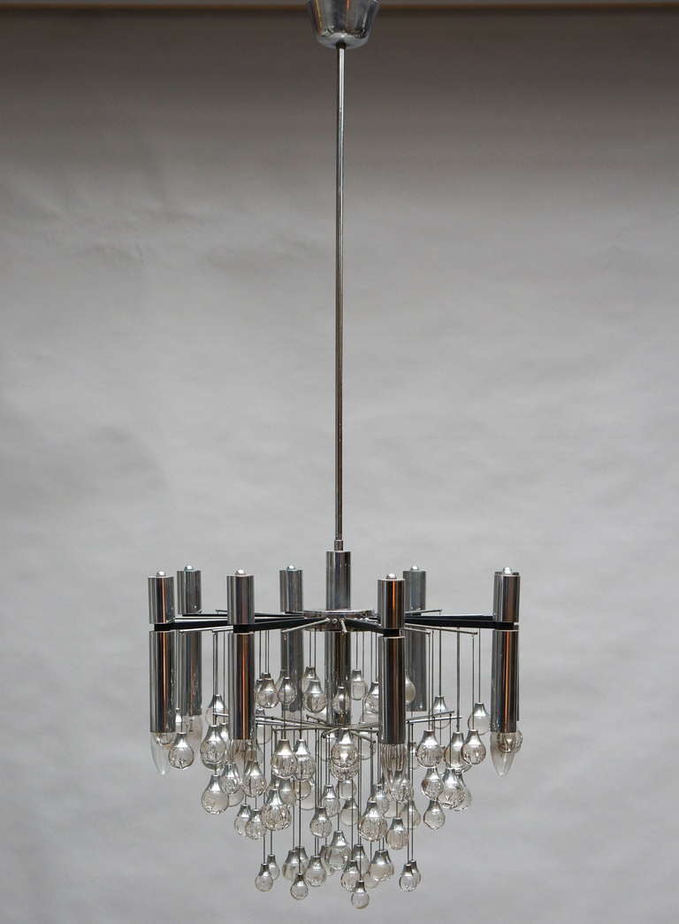 Metal Mid-Century Murano Glass and Chrome Chandelier by Gaetano Sciolari For Sale