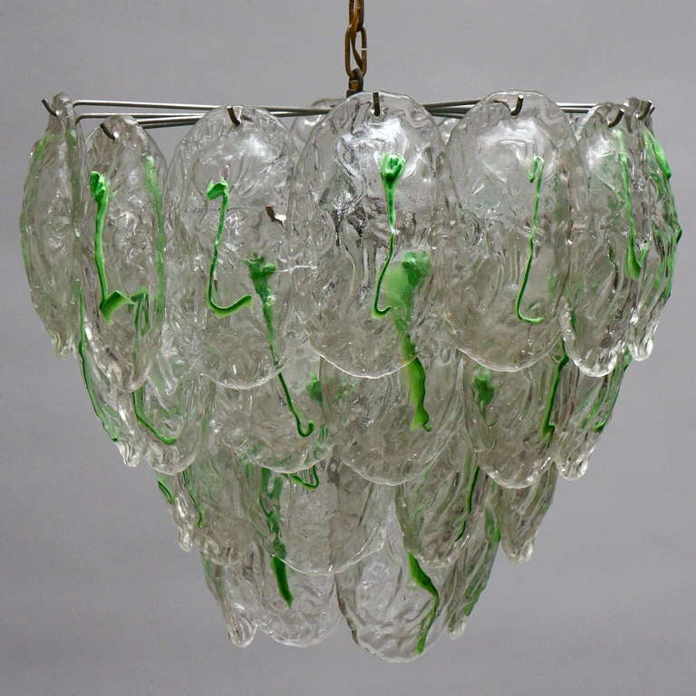 Mid-Century Modern Large Murano Chandelier with Four Rows of Clear and Green Glass Leaves