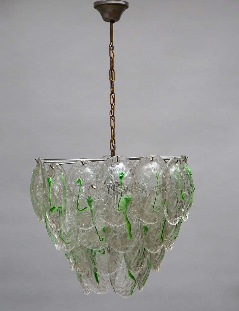 Italian Large Murano Chandelier with Four Rows of Clear and Green Glass Leaves