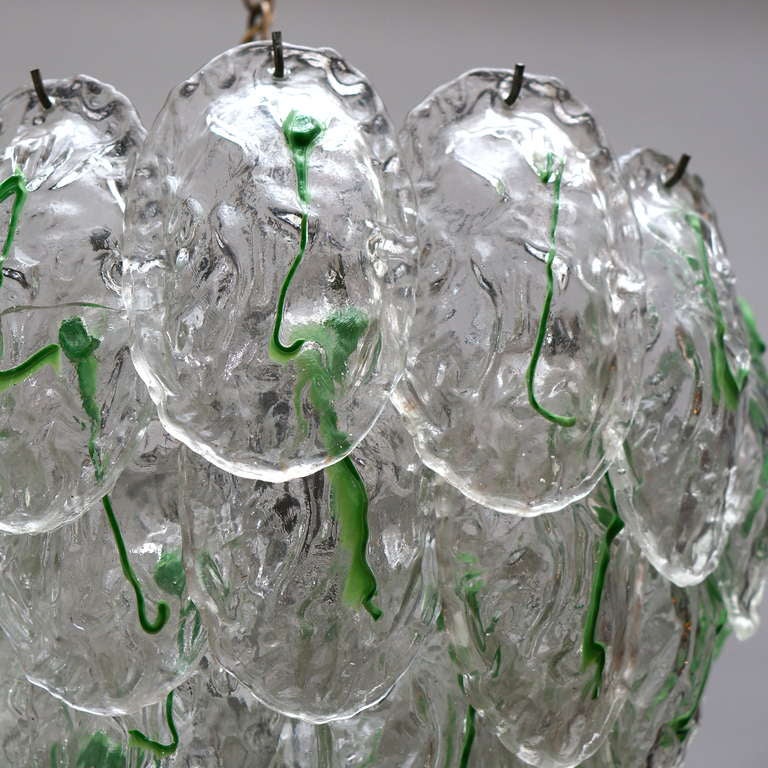 20th Century Large Murano Chandelier with Four Rows of Clear and Green Glass Leaves