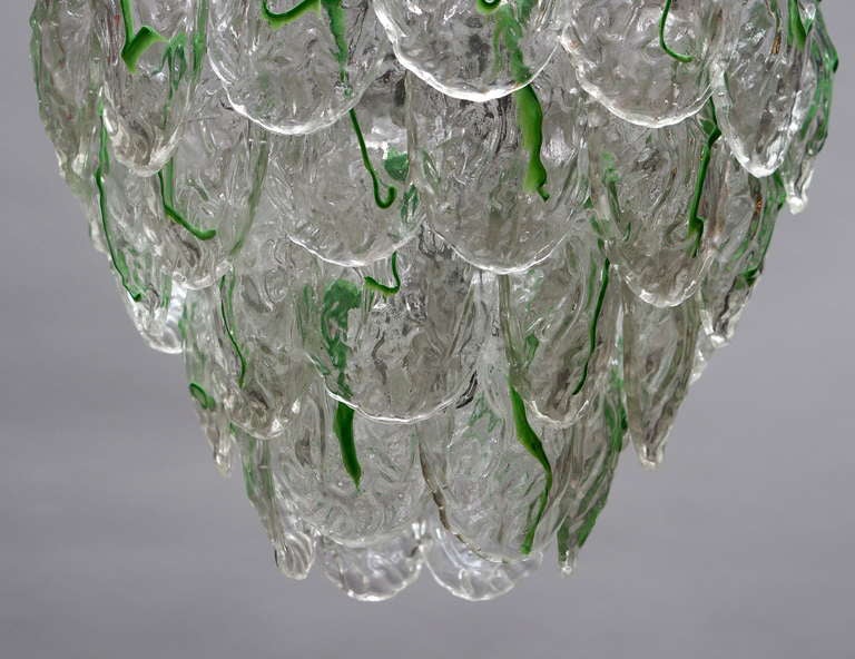 Metal Large Murano Chandelier with Four Rows of Clear and Green Glass Leaves