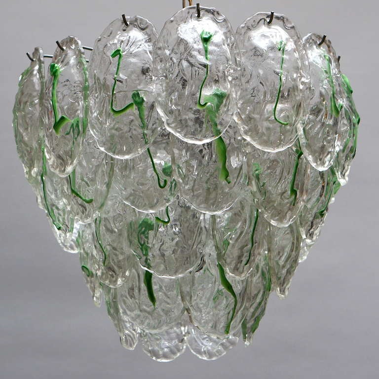 Large Murano Chandelier with Four Rows of Clear and Green Glass Leaves 1