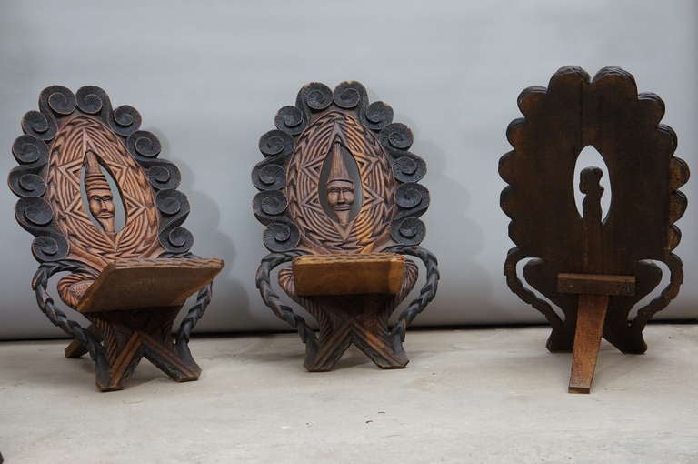 Hand-Carved Set of Three Chairs from Congo For Sale
