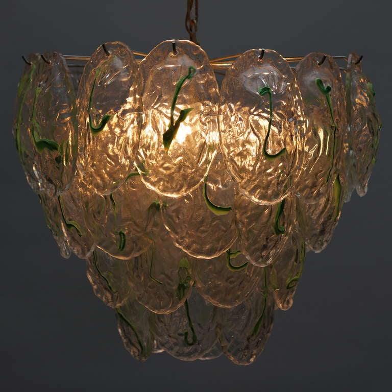 Large Murano Chandelier with Four Rows of Clear and Green Glass Leaves 3