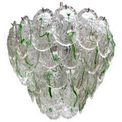 Large Murano Chandelier with Four Rows of Clear and Green Glass Leaves