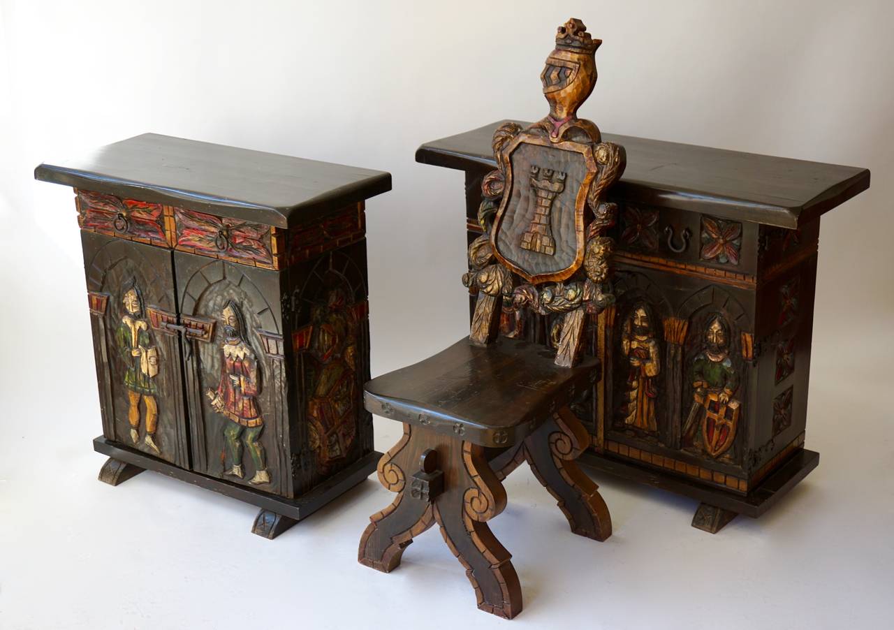 Two rustic sideboards and one chair.
Small sideboard with one drawer 75 cm width.
Chair 38 cm width - 50 cm depth - height 115 cm.