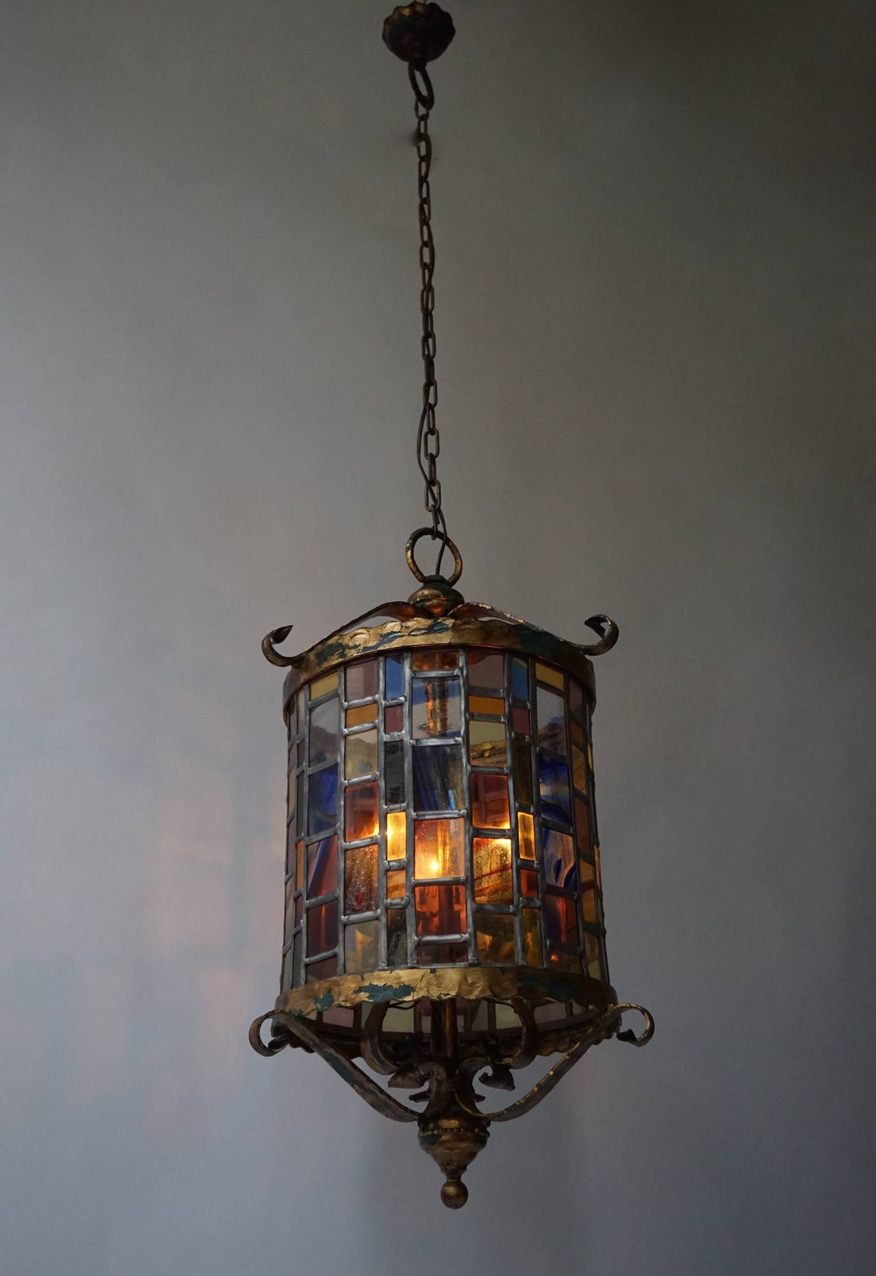 French Large Monumental Stained Glass Lantern