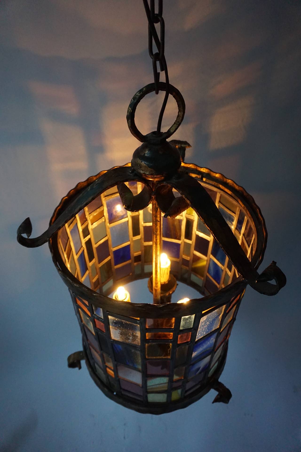 20th Century Large Monumental Stained Glass Lantern