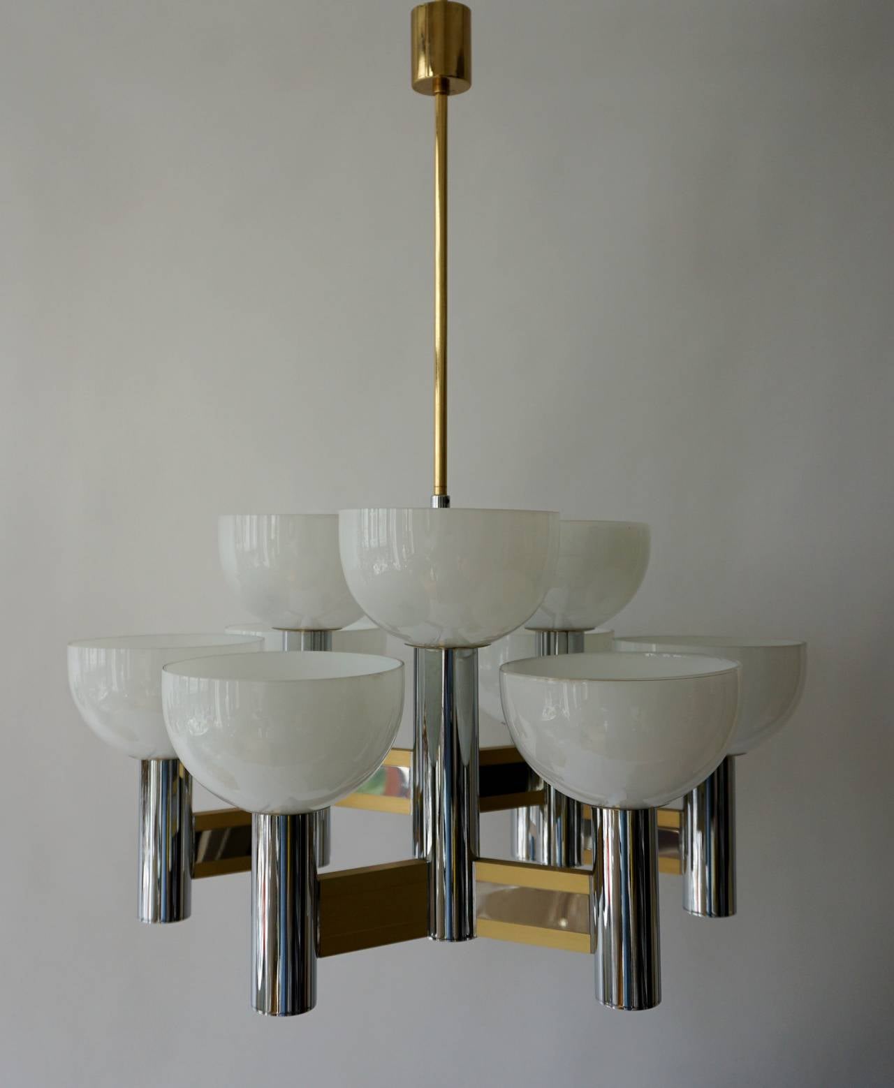 Italian Sciolari Geometric Chandelier with Murano Glass Coupes For Sale