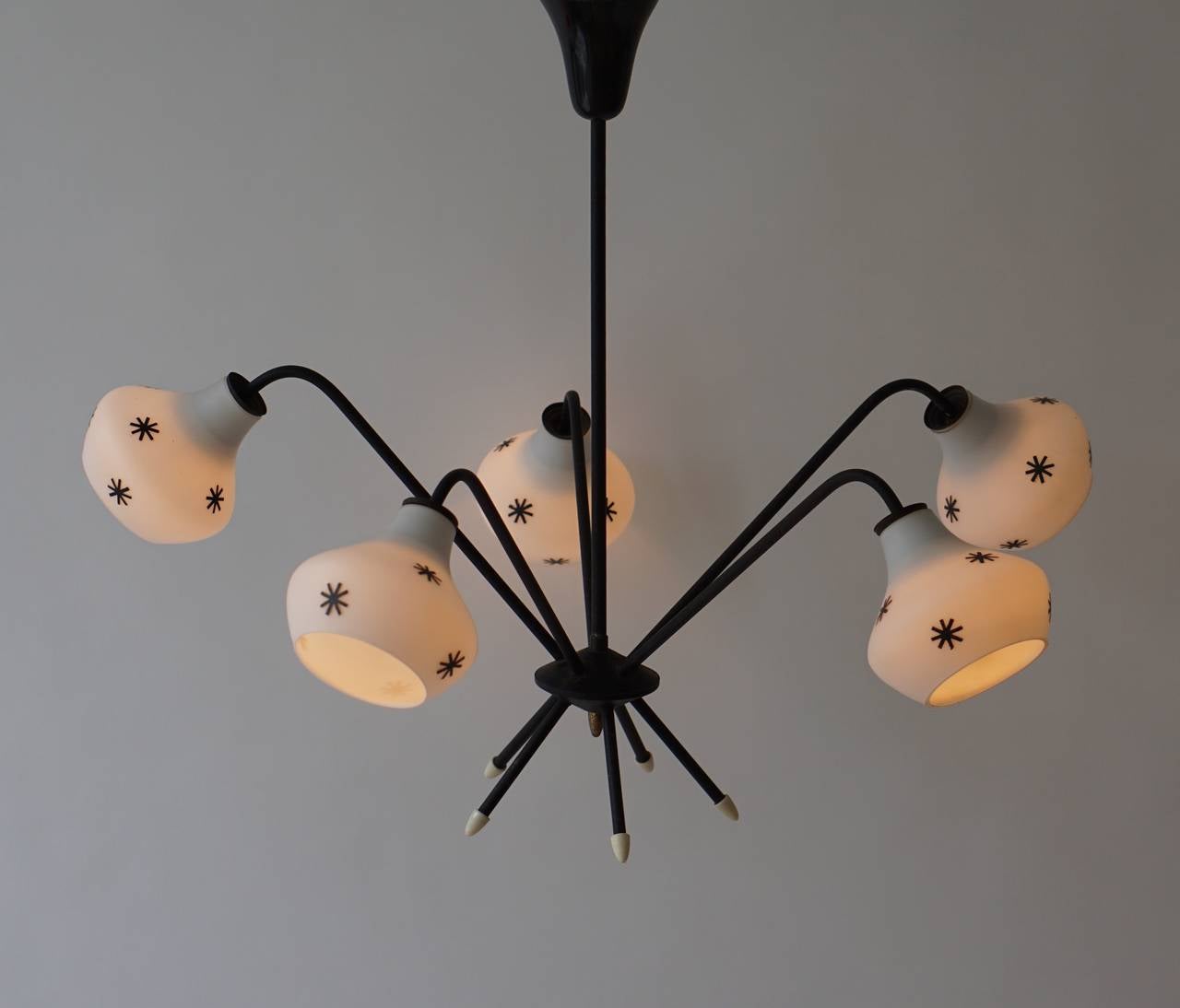 Italian 1950s chandelier with 5 Glass shades.
Light uses 5 E14 bulbs, Max wattage 40 each.