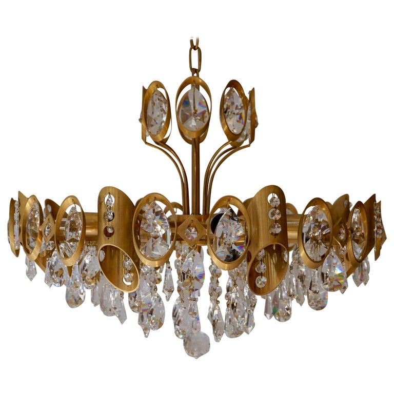 Palwa Sciolari Brass and Faceted Crystal Chandelier For Sale