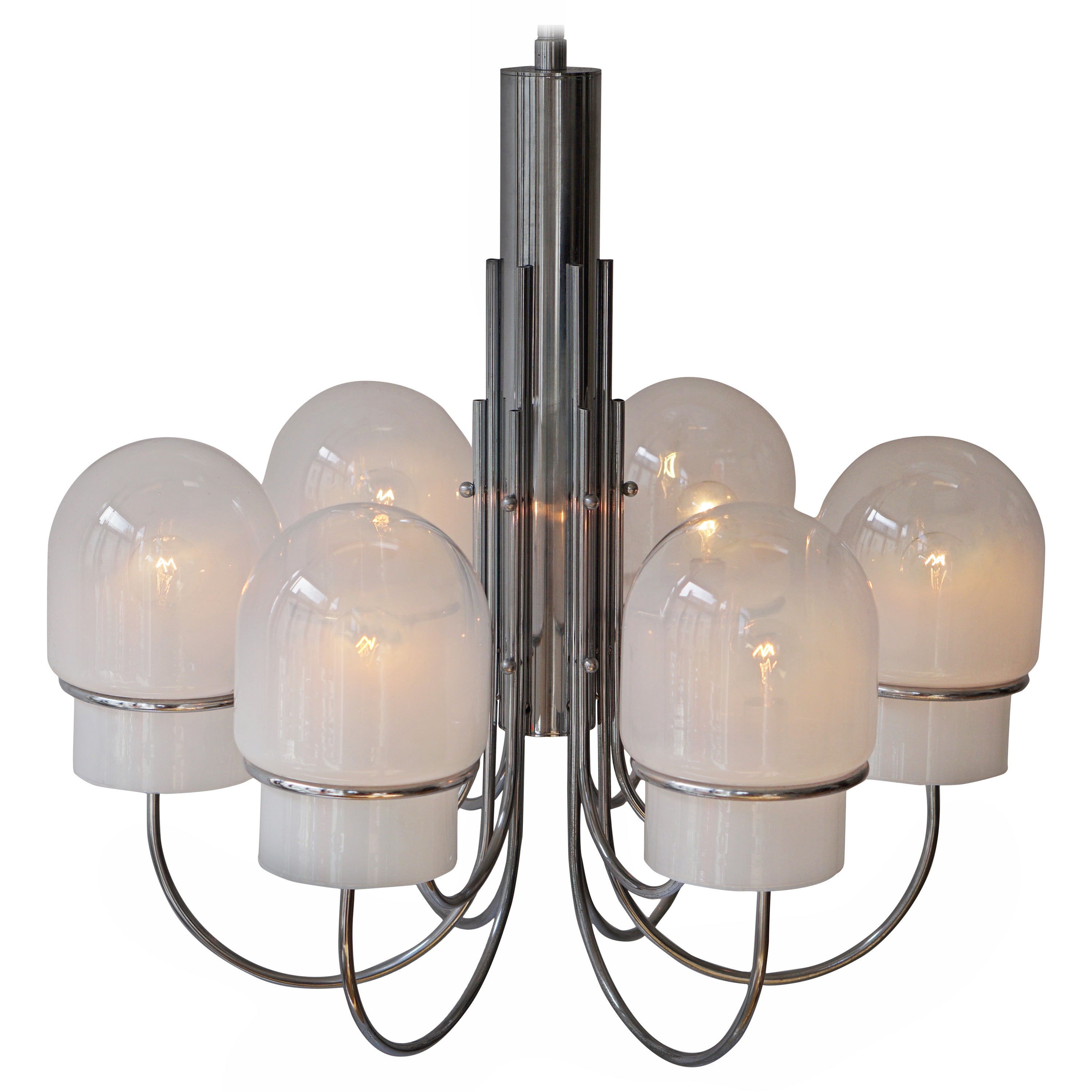 Italian Six Arched Arm Chrome and Milk Glass Chandelier, circa 1960s For Sale