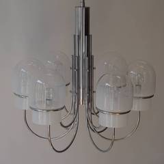 Italian Six Arched Arm Chrome and Milk Glass Chandelier, circa 1960s