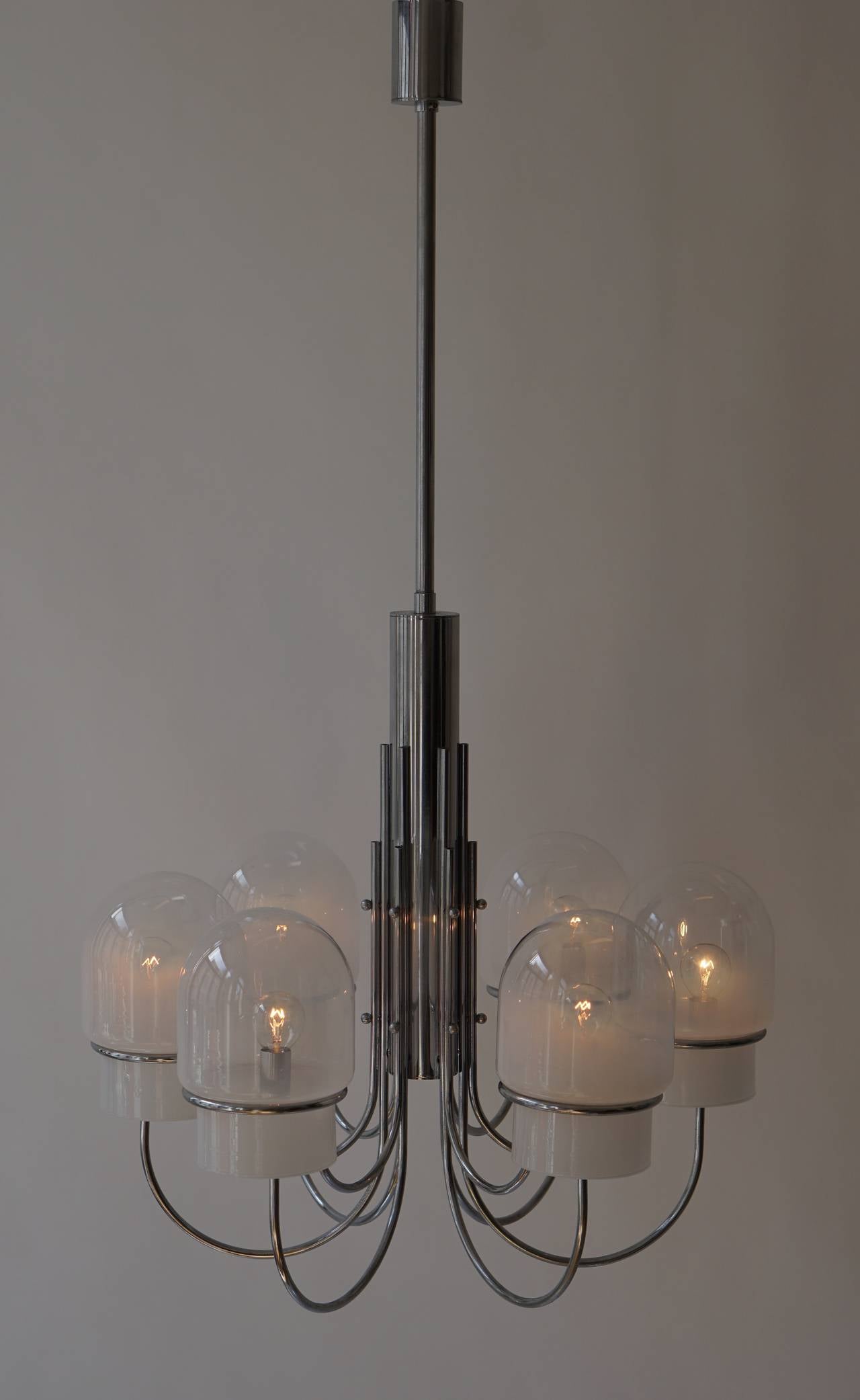 Italian Six Arched Arm Chrome and Milk Glass Chandelier, circa 1960s For Sale 2