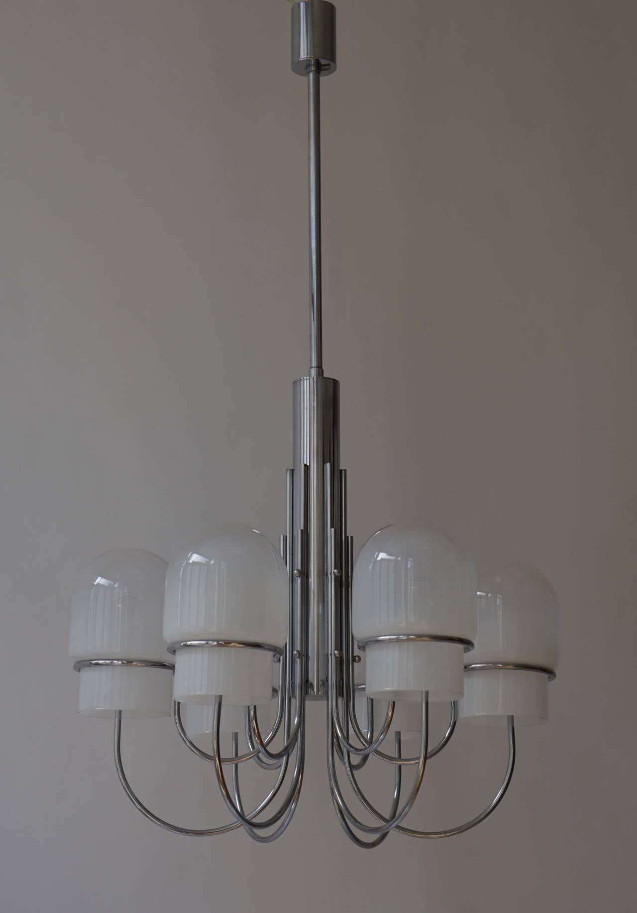 20th Century Italian Six Arched Arm Chrome and Milk Glass Chandelier, circa 1960s For Sale