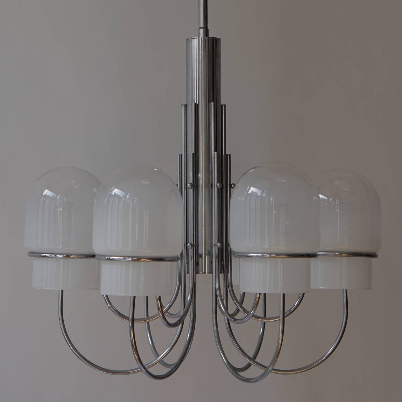 Italian Six Arched Arm Chrome and Milk Glass Chandelier, circa 1960s For Sale 1