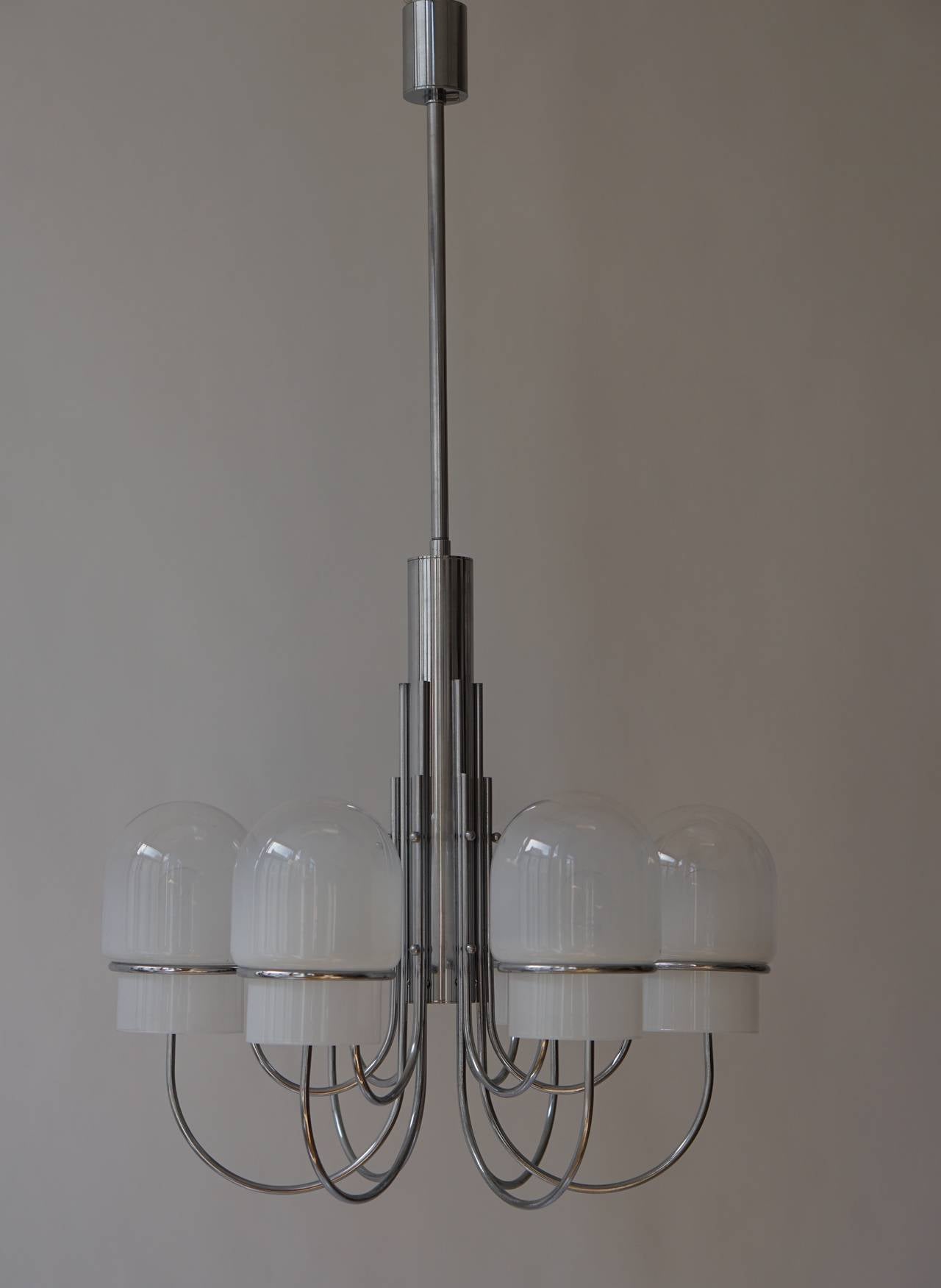 Mid-Century Modern Italian Six Arched Arm Chrome and Milk Glass Chandelier, circa 1960s For Sale