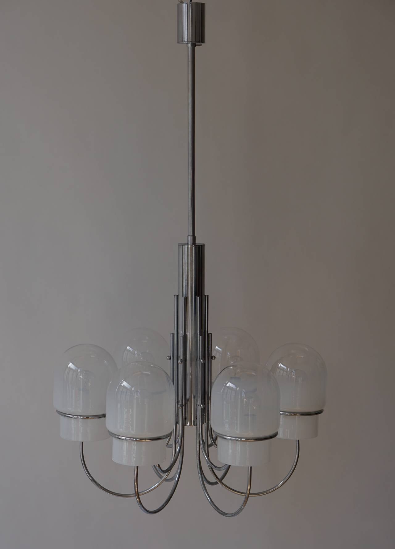 Italian Six Arched Arm Chrome and Milk Glass Chandelier, circa 1960s For Sale 3