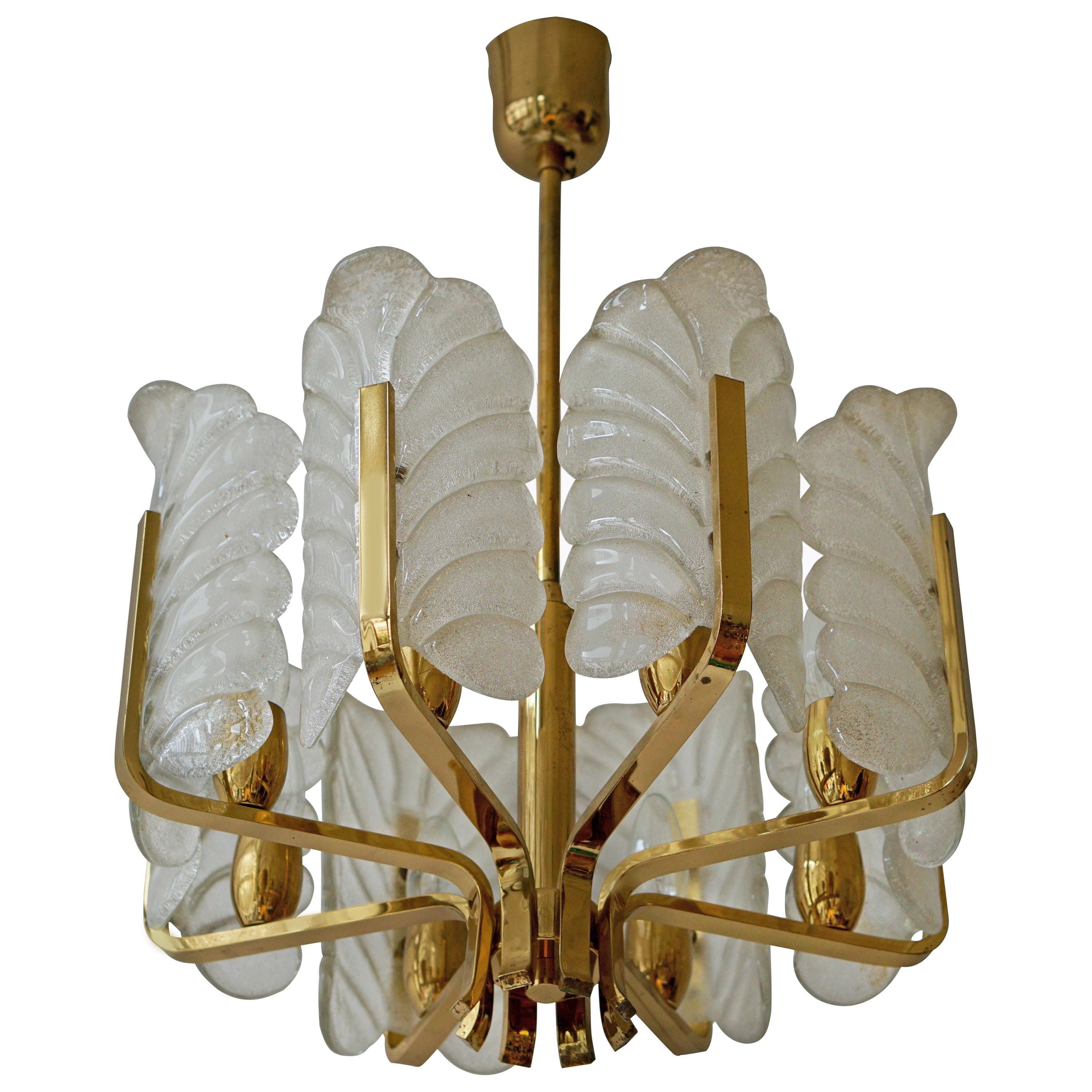 Two Glass and Brass Chandeliers For Sale