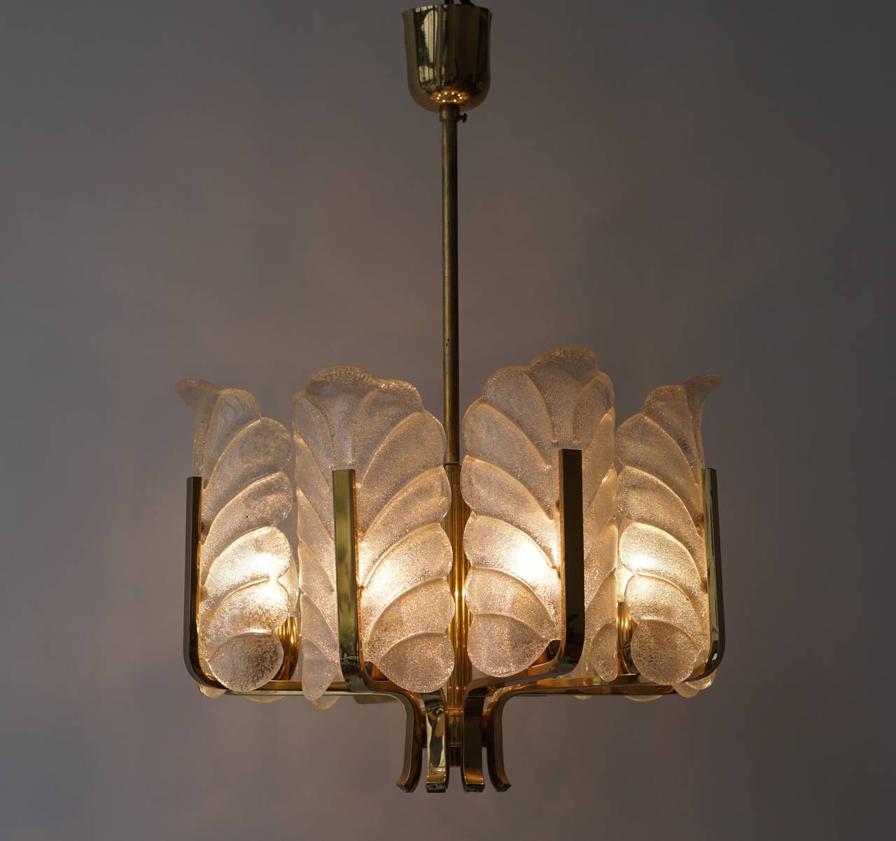 Mid-Century Modern Two Glass and Brass Chandeliers For Sale
