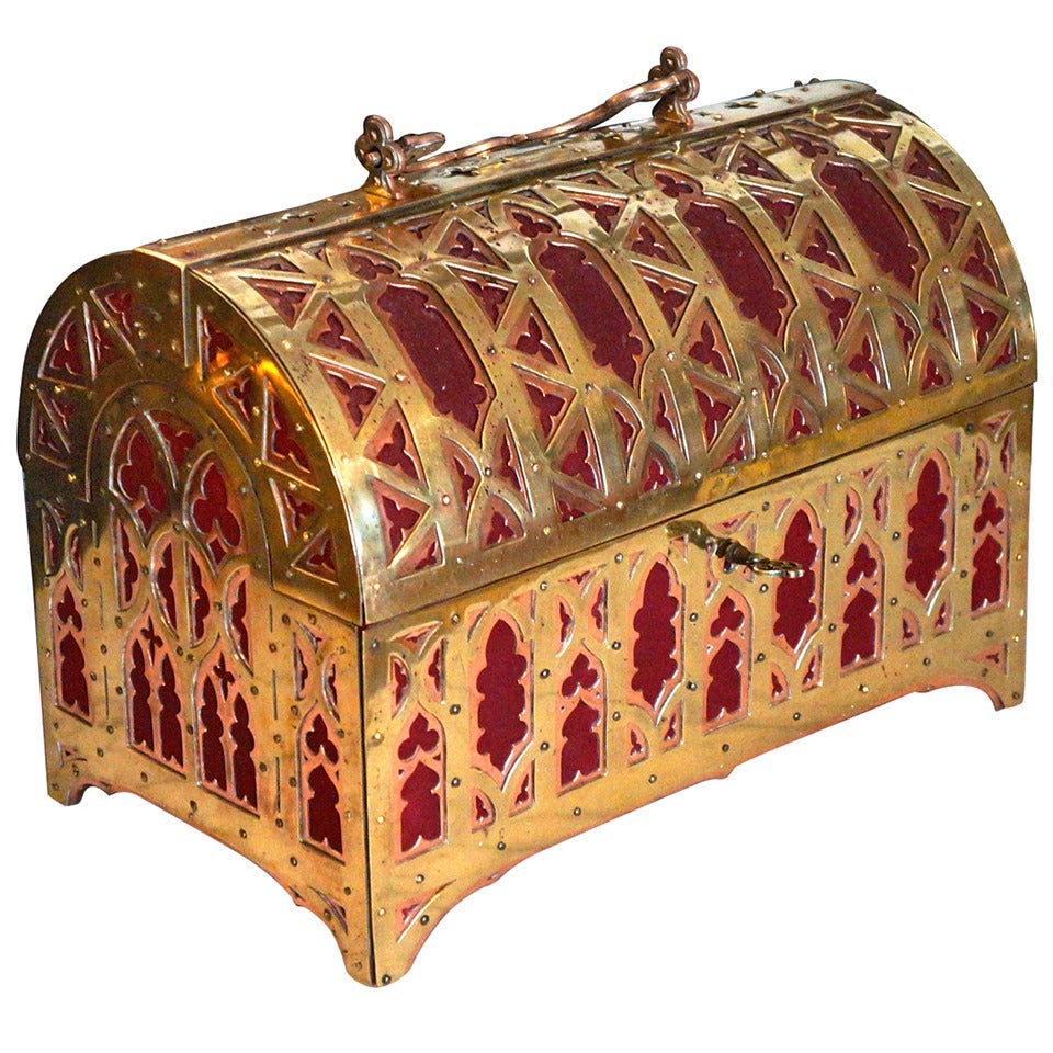 Fabulous Brass and Red Copper Gothic Revival Jewelry Casket