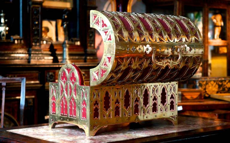 French Fabulous Brass and Red Copper Gothic Revival Jewelry Casket
