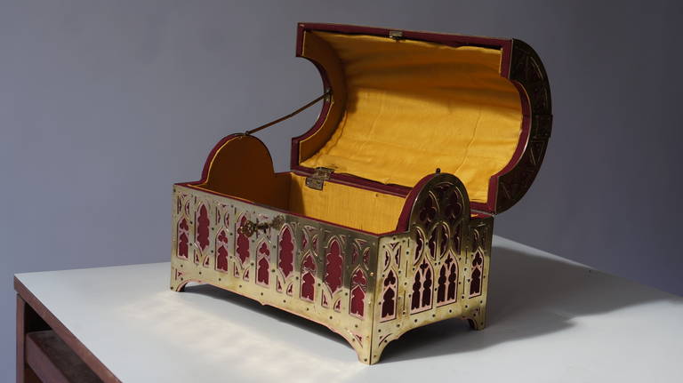 Fabulous Brass and Red Copper Gothic Revival Jewelry Casket 2
