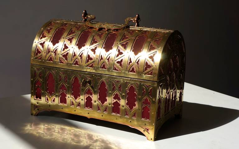Fabulous Brass and Red Copper Gothic Revival Jewelry Casket 3