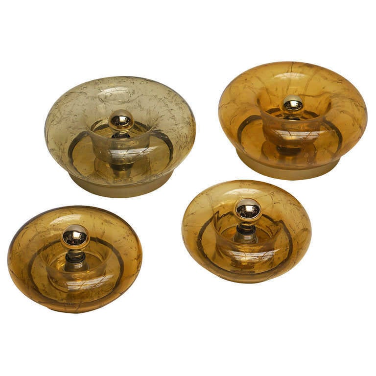 German One of Three Doria Amber Glass and Brass Wall Light Sconces or Flush Mount For Sale