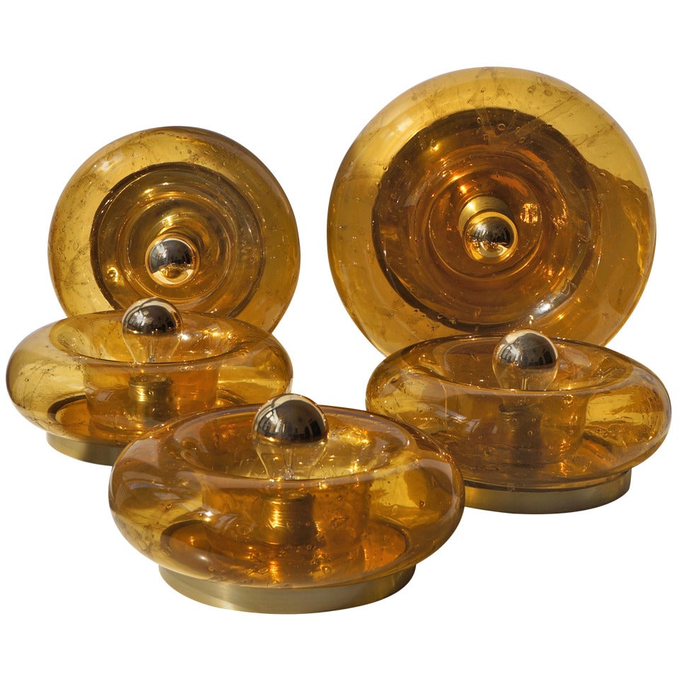 Nine Doria Amber Glass and Brass Wall Light Sconces or Flush Mount For Sale