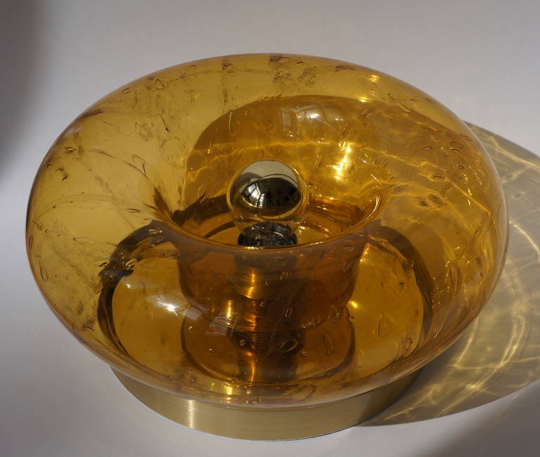 Mid-Century Modern Nine Doria Amber Glass and Brass Wall Light Sconces or Flush Mount For Sale