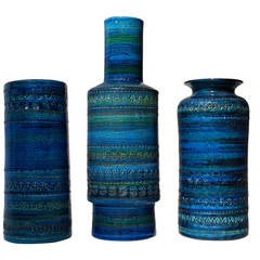 Bitossi Turquoise Glazed Patterned Vases, Italy circa 1965