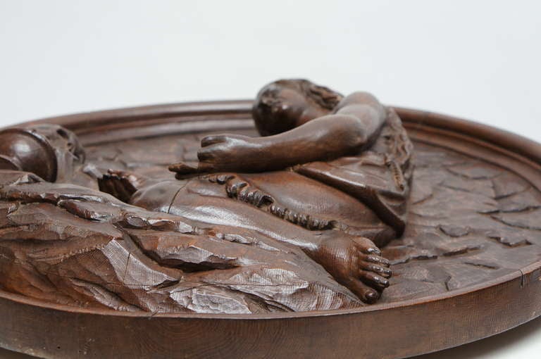 Baroque Italian Carved Oak Tondo Representing Maria Magdalene as a Penitent For Sale