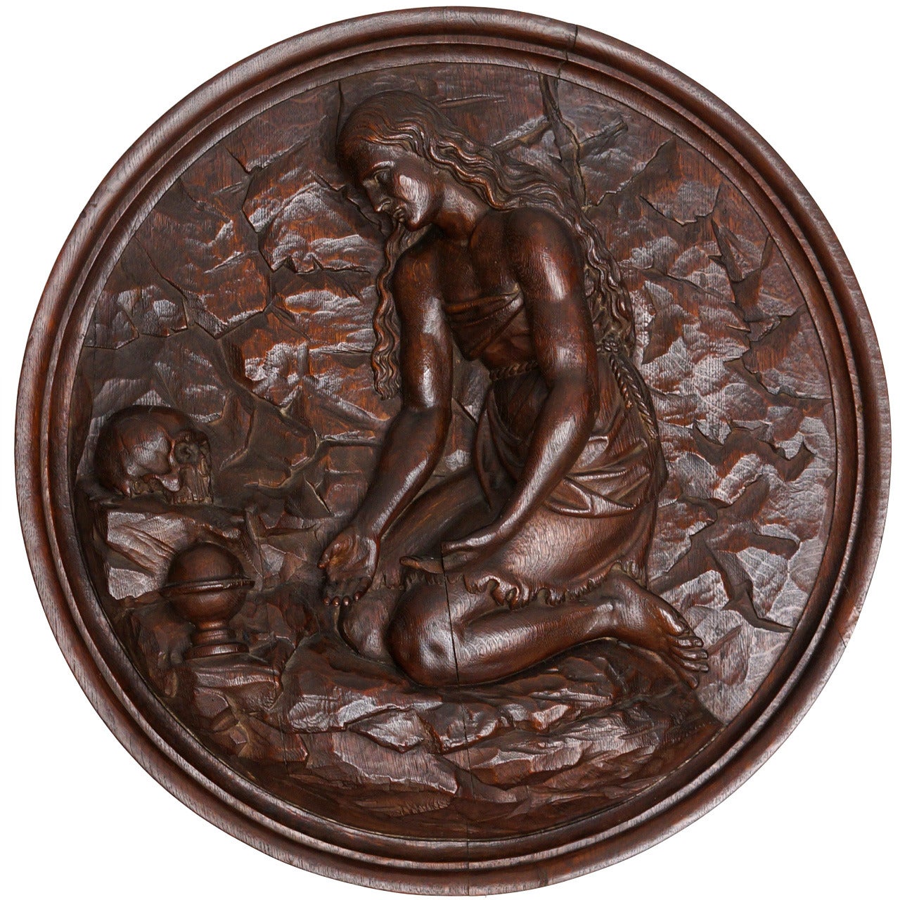 Italian Carved Oak Tondo Representing Maria Magdalene as a Penitent For Sale