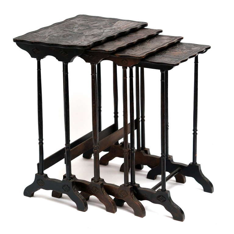 Set off four French Art Nouveau nesting tables,late 19th or early 20th century.
Dimensions;
56 x 39 x 74 cm.
49 x 36 x 72 cm.
42 x 32 x 70 cm.
36 x 29 x 68 cm.