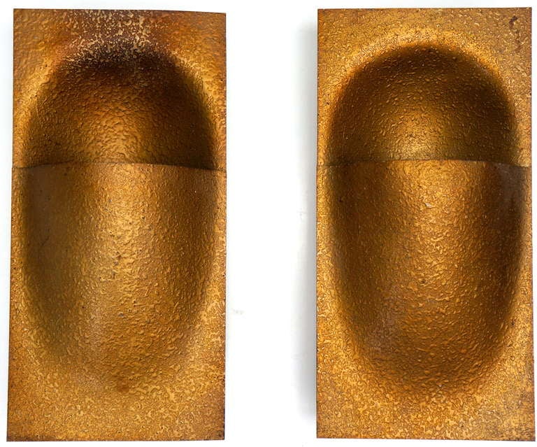 Two organic shaped wall-lamps of the Dutch company RAAK. The light shines out of a hole over the rest of the lamp. The surface of the lamp is of raw gold material. It is like a skin (gold skin!) Measures are: 20cm X 40cm and 15 deep. 75 Watt.