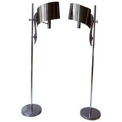 Pair of Maison Charles Floor Lamps with Curved Stainless Shades 7