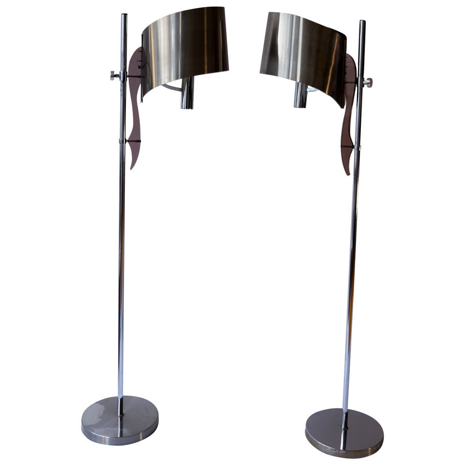 Pair of Maison Charles Floor Lamps with Curved Stainless Shades For Sale