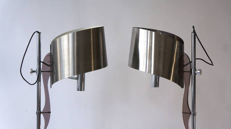 Mid-Century Modern Pair of Maison Charles Floor Lamps with Curved Stainless Shades For Sale